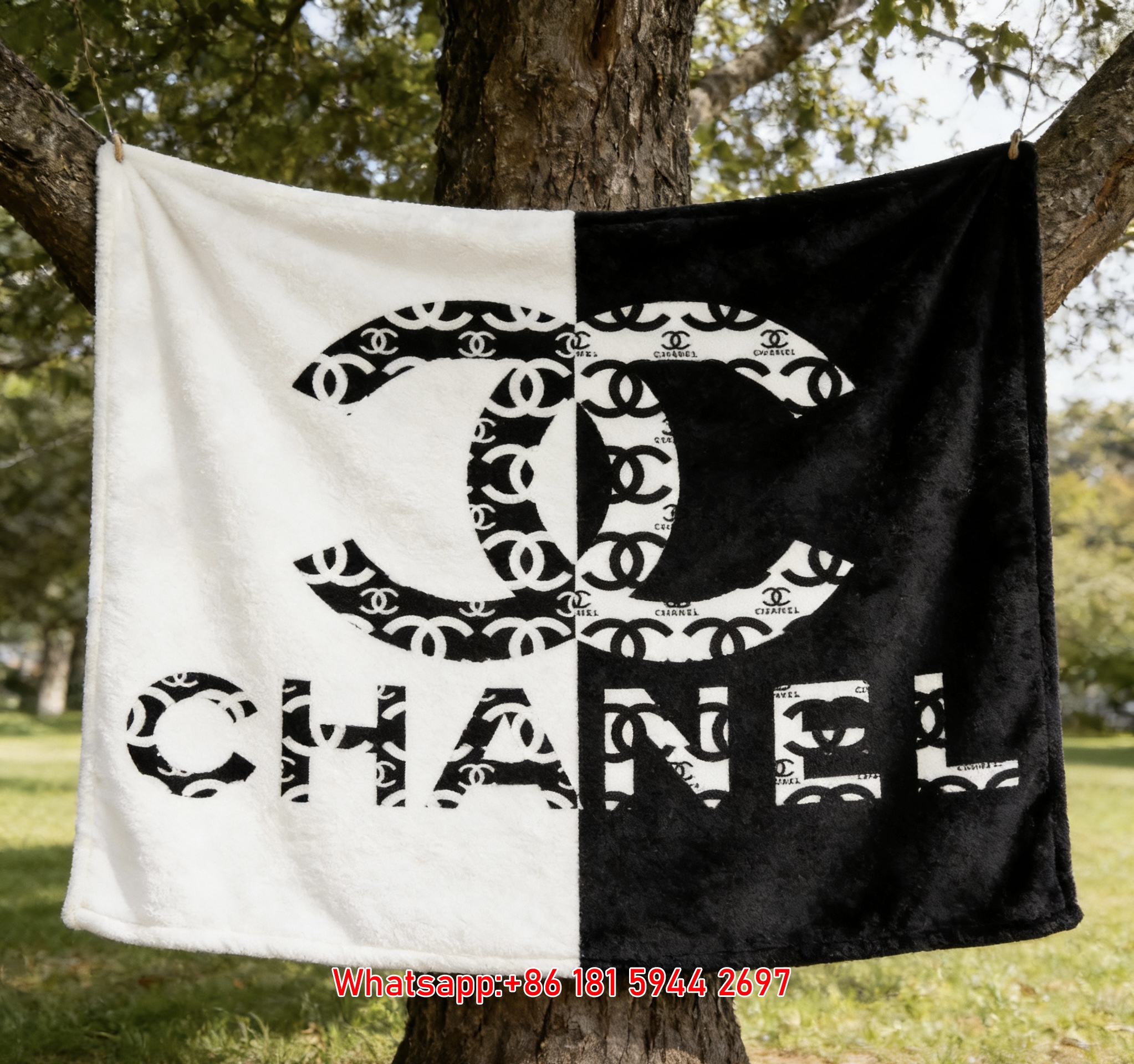 Monochrome Split Chanel Double C Monogram Flannel Sofa Throw Blanket IMG_6979